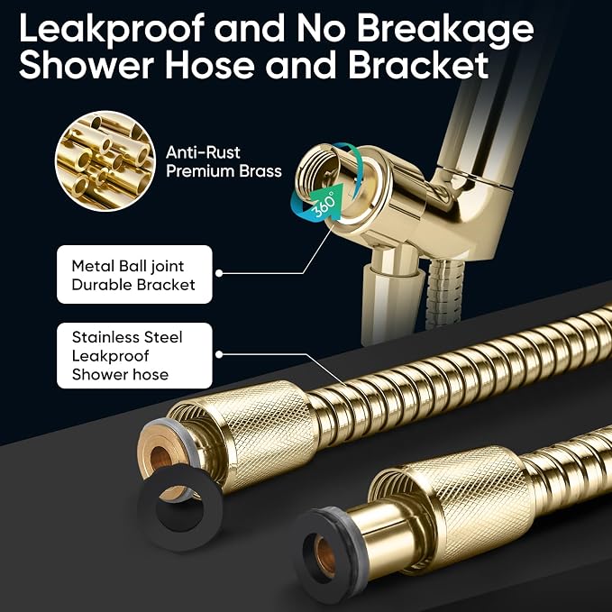 Cobbe 9 Spray Modes Handheld Shower Head, Water-Saving, Gold | Power Rinse, 1-Click Pause & Flow Control, 6ft Stainless Steel Hose, Adjustable Brass Bracket