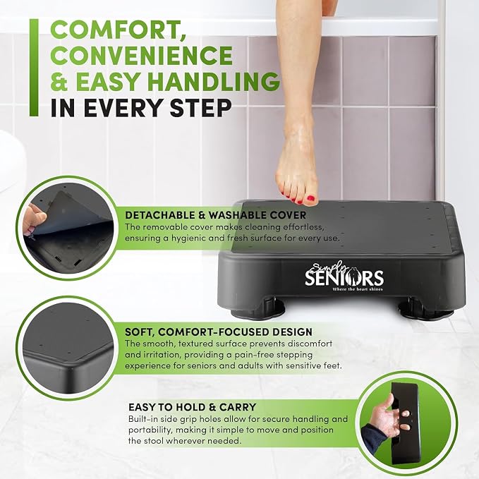Simply Seniors Small Step Stools for Adults - Black Stepping Stool Platform | Bed Steps for High Beds for Adults - Heavy Duty Mobility Aid for Seniors & Kids - Plastic Device for Kitchen Bathroom Toilet