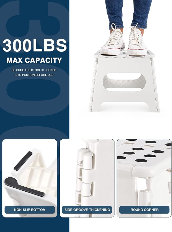 Dyforce Kids Step Stool 11 Inch, 300lbs Folding Step Stool for Adults | Toddler Step stool White,Anti-slip Heavy Duty with Carry Handle, Lightweight Foldable Stool for Bathroom Kitchen Bedroom