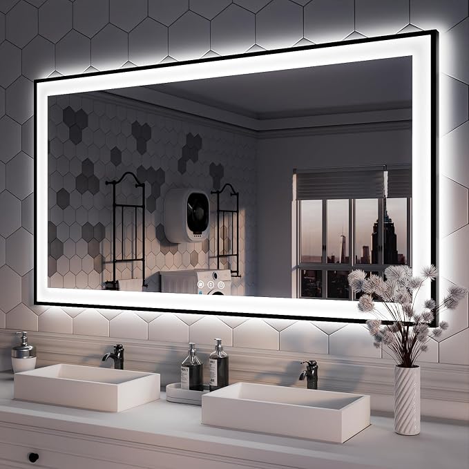 ISKM 55x30 Framed LED Bathroom Mirror, Dimmable Front & Backlit, Anti-Fog | 3 Color Temps(3000K/4000K/6000K), Stepless Dimming 10%-100%,Shatterproof Tempered Glass, IP65 Waterproof,Plug-In or Hardwired