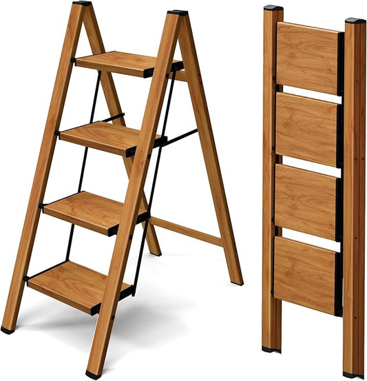 Taranta 4 Step Stool Foldable,Aluminum Step Ladder-Woodgrain | Lightweight,Wide Anti-Slip Pedals,Folding Step Stool,330lbs Capacity Stepladder for Household,Kitchen,Office