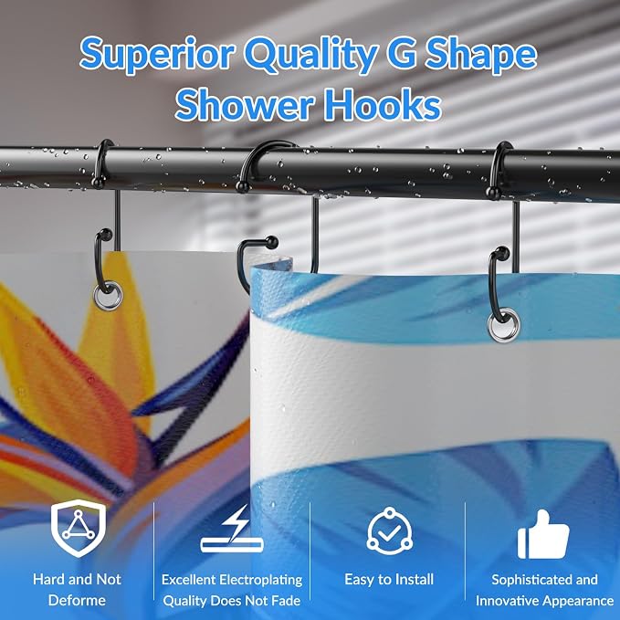 OEH Shower Curtain Hooks, 12 Pcs Shower Curtain Rings, Durable G Shape Black Shower Curtain Hooks Rust Proof, Simple Shower Rings for Curtain, Glide Smoothly Shower Hooks for Shower Curtain Rod, Black