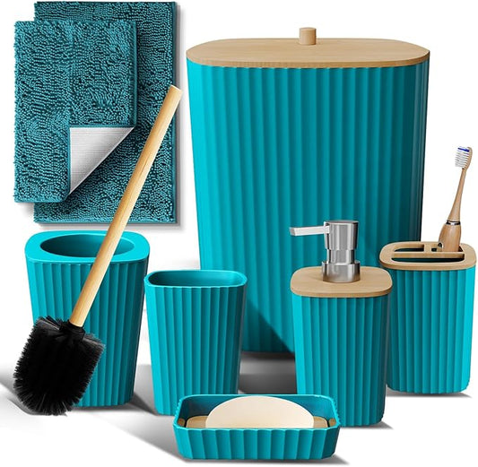 Clara Clark Bathroom Set - Teal Bathroom Accessories Set, 6PC Bathroom Accessory Set, Bathroom Sets with Bathroom Rugs, Toilet Brush, Trash Can & Soap Dispenser