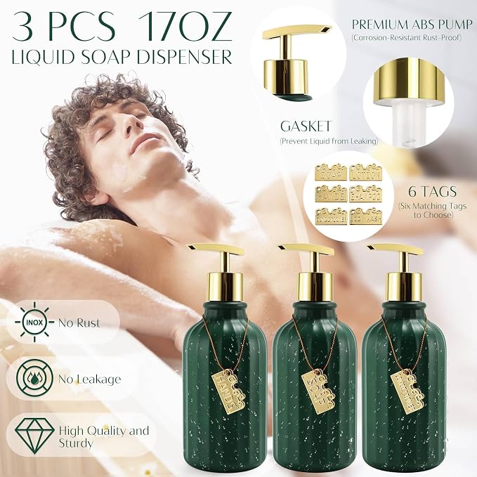17PCS Bathroom Accessories Set, Dark Green Bathroom Set Bathroom Accessories Set with Trash Can, Toilet Brush, Toothbrush Holder, Qtip Holder & 3PCS Soap Dispenser