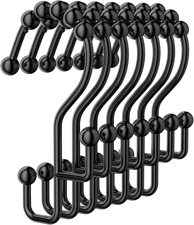 Shower Curtain Hooks, Metal Shower Curtain Rings Hooks, Black Shower Curtain Hooks Rust Proof, Smooth Gliding Shower Rings for Curtain, Shower Hooks for Shower Curtain Rod, Black-12 Pcs