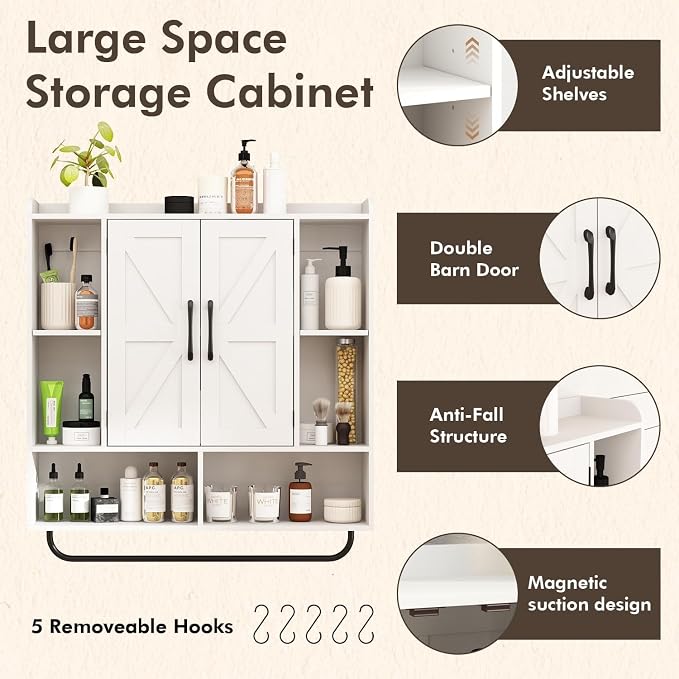RUSTOWN Rustic Bathroom Wall Storage Cabinet with 2 Barn Doors, White | Farmhouse Medicine Cabinet, Wall Mounted, Space Saving, 3-Tier Adjustable Shelves, Towel Bar, 5 Hooks