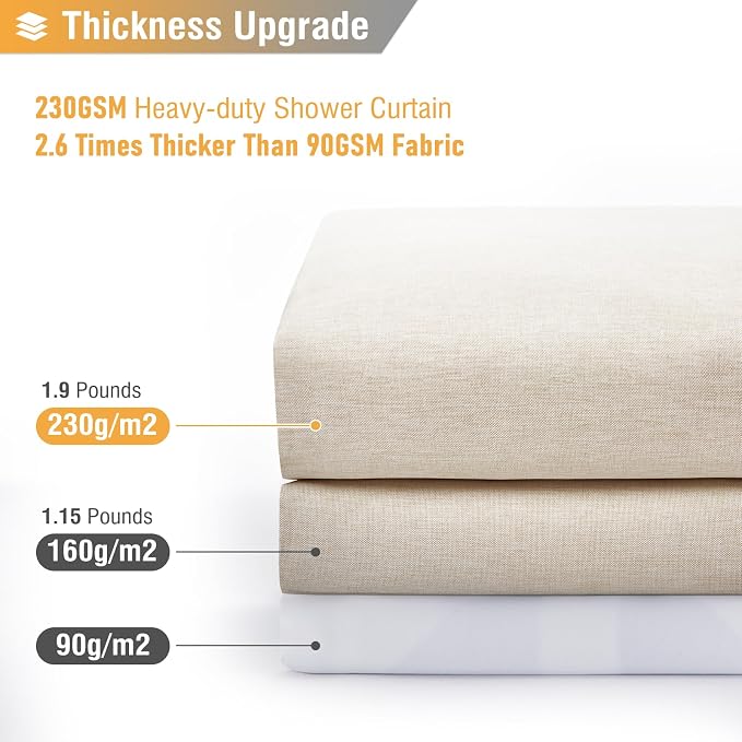 180x72 Linen Textured Waterproof Fabric Shower Curtain, Beige/Cream | Clawfoot Tub Size, 230GSM Polyester, Heavy Duty Cloth, Weighted Hem, 32 Plastic Hooks, Modern Hotel Style, Machine Washable
