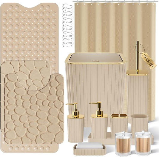 XLHOMO 26PC Bathroom Accessories Set - Gorgeous Beige Bathroom Set, Bathroom Accessory Set, Shower Curtain Set with Bathtub Mats for Shower Tub, Trash Can & Soap Dispenser