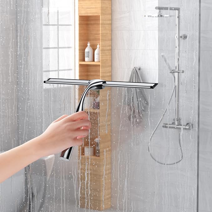 14-Inches Stainless Steel Shower Squeegee Set, Include Shower Door Hook, Adhesive Hook and Spare Silicone Blade, Window Squeegee for Shower Glass Door, Bathroom, Mirror, Window and Car Glass