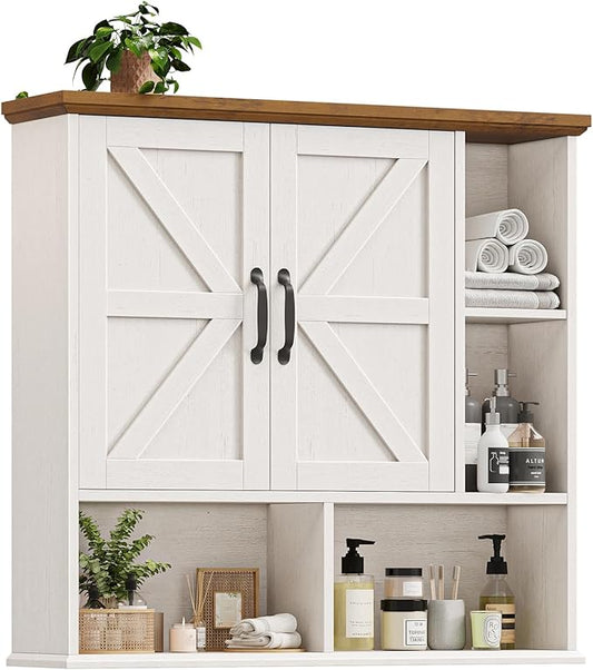 Bathroom Wall Cabinet, Farmhouse Medicine Cabinet with Doors, White & Brown | Over The Toilet Storage Cabinet with Double Barn Door and Adjustable Wood Shelf for Wall Mounted for Bathroom Laundry Kitchen