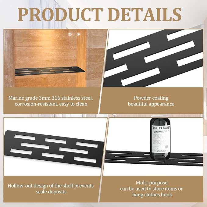 12 Inch Shower Niche Shelf Powder Coated 316 Stainless Steel Tile Insert | Rectangular Shelf for 12 Inch Tile Prefabricated Niches, Fits 1/8 Inch Grout Lines, Shower Niche Insert Powder Coated Finish