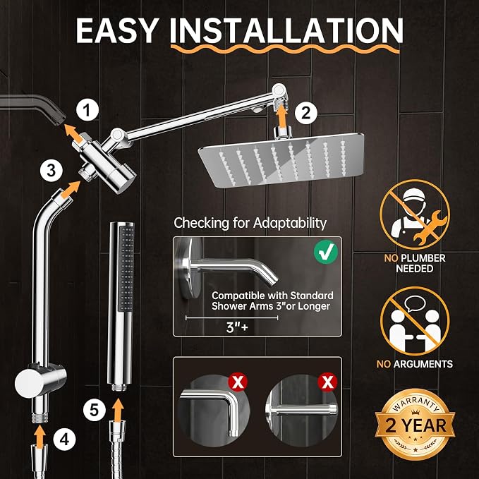 Veken All Metal 8" Luxurious Rain Shower Head with Handheld,High Pressure | Dual Shower Heads Spray,Power Wash Wand,Detachable Showerhead Combo,Small Square Adjustable Rainfall ,Spa-like,Chrome,Silver