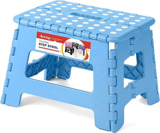 9 Inch Folding Step Stool for Kids and Adults, Holds 300 lb, Blue | Heavy Duty Foldable Stools, Lightweight, Non-Slip, for Toddler, for Kitchen Bathroom Bedroom Outdoor, Collapsible with Handle