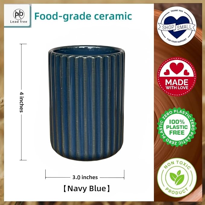 Stoneware Toothbrush Holder for Bathroom Tooth Brush Holder for Bathroom Toothbrush Cup Toothbrush Holders Cute Fluted Vertical Ribbed Stripe (Navy Blue)