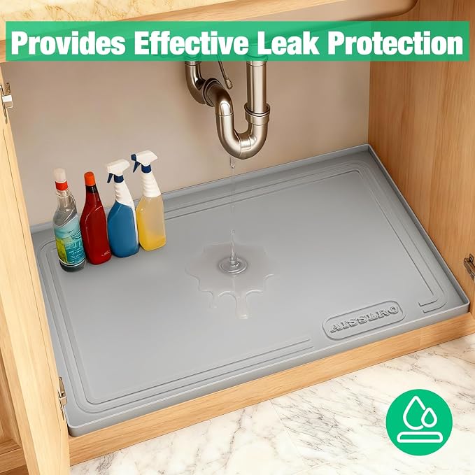 Under Sink Mat 31" X 22", Waterproof Silicone Cabinet Kitchen Liner, Gray | BPA-Free Raised-Edge Cabinet Protector & Leak Tray for Bathroom Cabinets, Boots, Pet Feeding Dog & Cat Mats, Dishwasher Safe