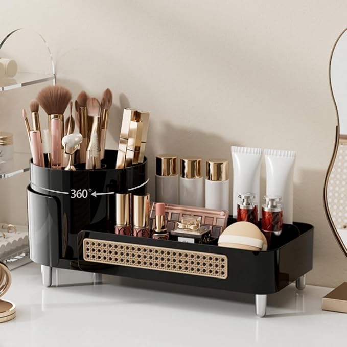 Booklov Rotating Makeup Organizer for Vanity Countertop, Black | Clear Acrylic Cosmetic Display Case, Large Beauty Brush Holder for Bathroom Counter, Skincare Lipsticks Storage