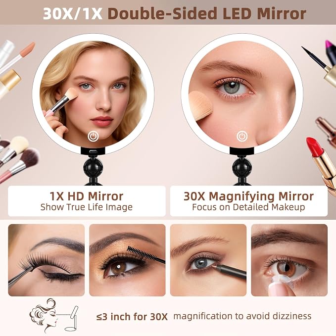 30X/1X Makeup Magnifying Mirror with Lights, 6inch Double-Sided LED Mirror | 1X/30X Makeup Magnified Mirror, Desktop 30X Magnification Rechargeable 3 Color Dimmable Light, 360° Adjustable Rotation Angle