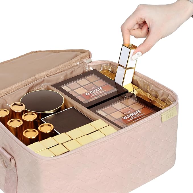 NISHEL Large Makeup Bag Organizer, Double Layer Cosmetic Travel Case | Organizer for brushes, bottles, makeup and skin care products, ideal for trips and daily use, Pink, Extra Large