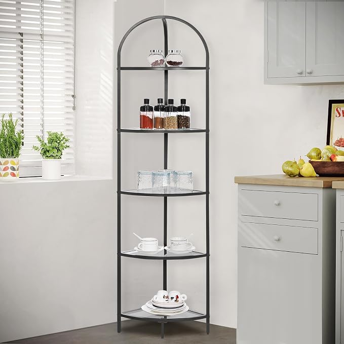 Homhedy 5-Tier Glass Corner Shelf Stand, Metal Corner Bookshelf | Display Shelf, Tempered Glass Shelves, Plant Stand, Storage Rack Shelf for Bedroom, Living Room, Home, Office, Black