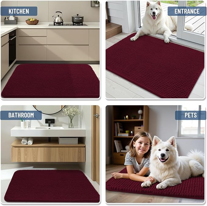 Arotive Chenille Bathroom Rugs 44x24, Soft Absorbent Bath Mat, Burgundy | Rubber Backing, Machine Washable Dry Bath Mats for Bathroom Floor, Tub and Shower, Home Decor Accessories