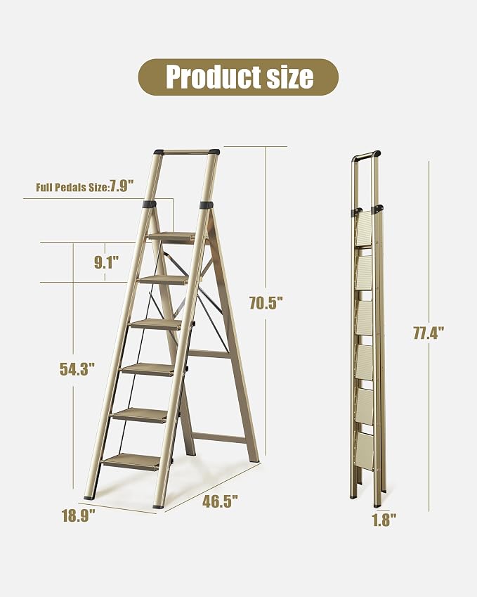 6 Step Ladder, Folding Step Stool, Lightweight Stepladder, Gold | Reach 12ft;Anti-Slip 7.9'' Wide Pedal;Portable Handrail;Space-Saving;For Kitchen, Home, Library, Office Use;300lbs Capacity