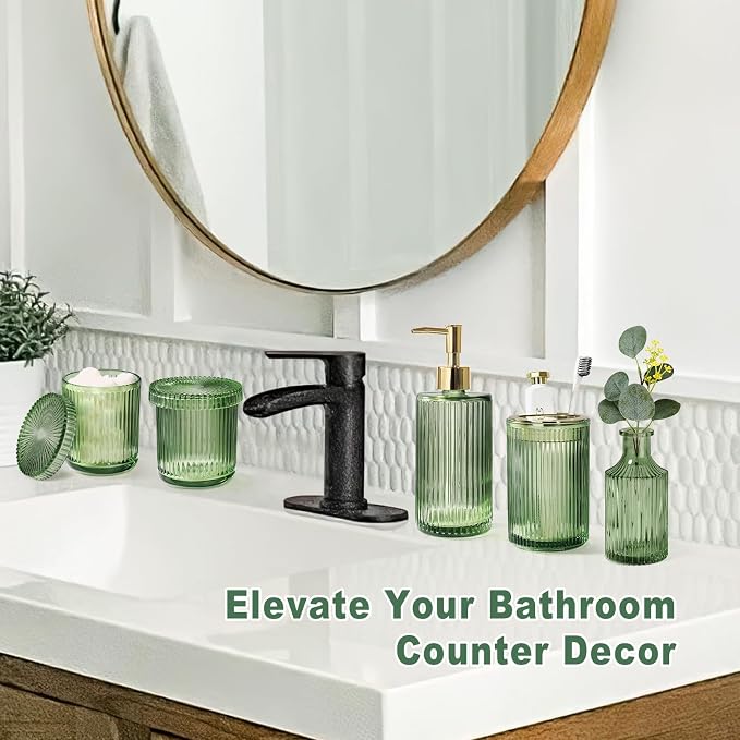 Green Bathroom Accessories 5 Pcs, Glass Bathroom Accessory Set, Vintage Green Bathroom Set, Sage Green Soap Dispenser and Toothbrush Holder Set, Qtip Holder, Small Flower Vase, Modern Bathroom Decor