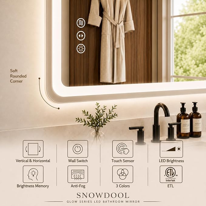 Snowdool 60 x 36 in RGB LED Bathroom Mirror, Front and Backlit, Anti-Fog | 8 RGB Backlight Modes, 3 Front Light Colors, Anti-Fog, Tempered Glass