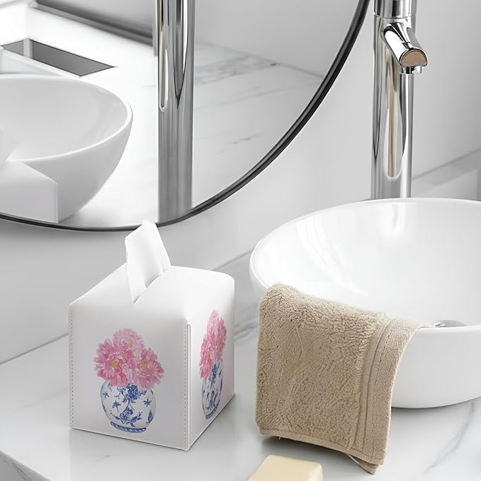 Chinoiserie Peonies Square Faux Leather Tissue Box Cover | Pink and Blue Floral Tissue Holder, Peony Accessories, for Bathroom, Car, Office Desk, 5.3x5.3x5.3