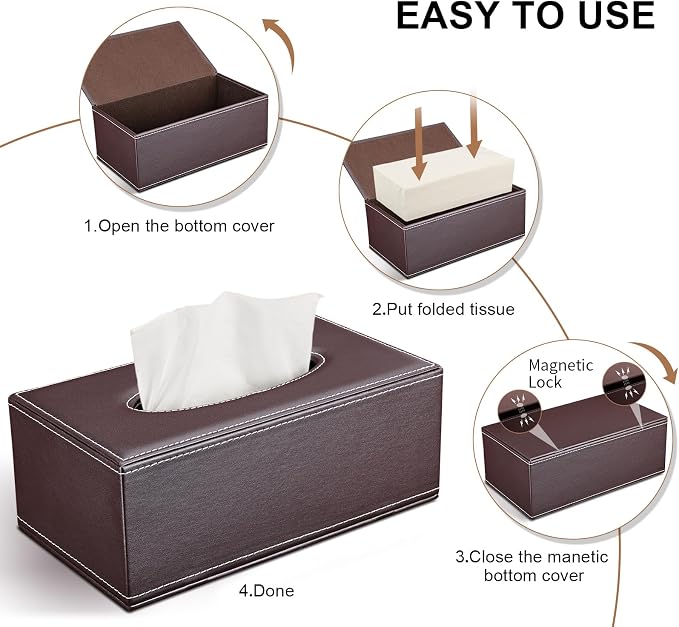 Tissue Box Cover Rectangle, PU Leather Tissue Box Holder Rectangular, Kleenex Box Covers for Home/Office/Car Decoration 9.84"X5.23"X3.77" - Brown