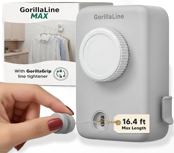 Max – Retractable Clothesline Indoor Outdoor, Non-Sagging Heavy Duty Clothes Drying Line, Wall Mounted Drying Rack, Air Dry Clothing, Max Tighten with GorillaGrip