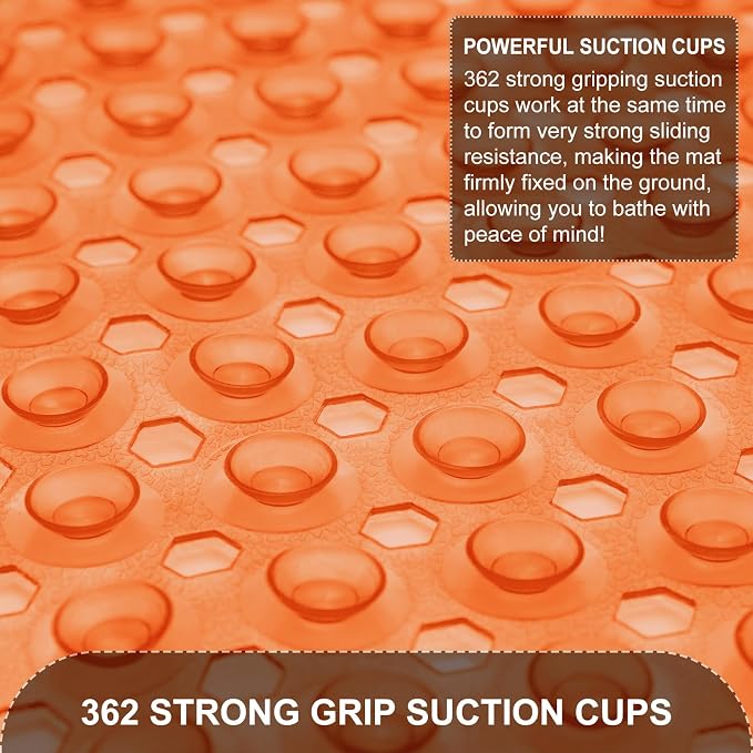 TEESHLY Bath Tub Shower Mat, Non Slip Bathtub Floor Liner Mats with Suction Cups and Drain Holes, Machine Washable Bathmat for Bathroom Floor Safety, 40 x 16 Inch, Clear Orange
