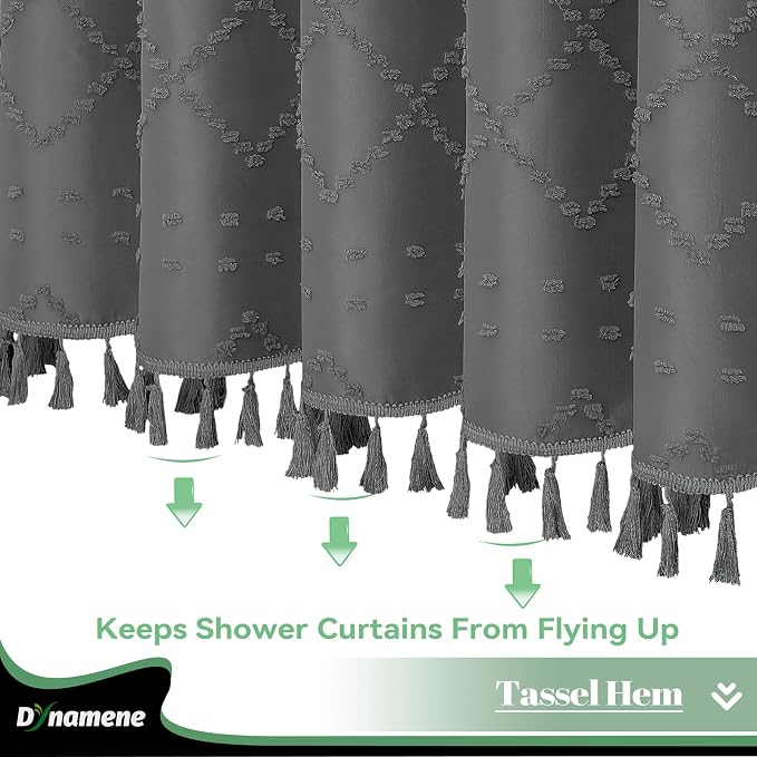Long Boho Shower Curtain Tufted Geometric 72"x78" Charcoal Grey | 78 Inch Tall, Elegant Tassel, Lightweight Textured Fabric, Water Repellent, Washable, Hotel Spa, for Bathroom/Dorm 12 Hooks