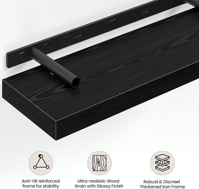 Vivelove 40 Inch Floating Shelves Wall Mounted for Display, 6.5 Deep Duty Shelves with Invisible Brackets for Living Room,Bedroom,Kitchen, Bathroom Storage & Decor,40" Wx6.5 Dx1.4 H - Black