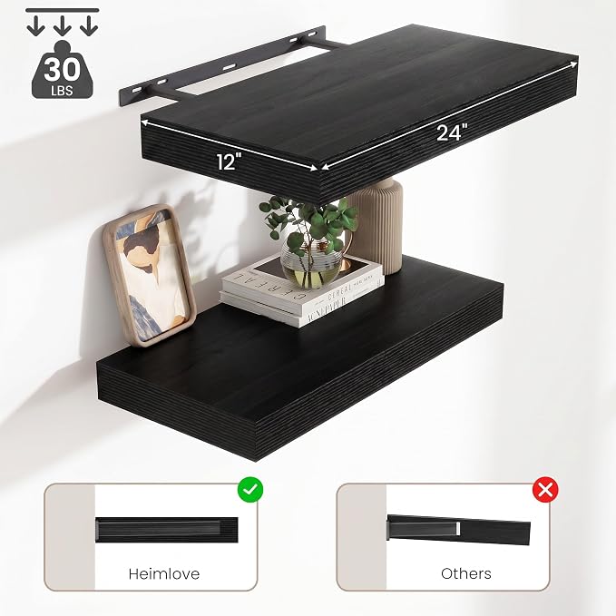 12 Inch Deep Floating Shelves for Wall, 24 Inch Wide Wall Shelves Set of 2, 2 Inch Thick Heavy Duty Invisible Wall Mounted Shelves for Kitchen Living Room,Black