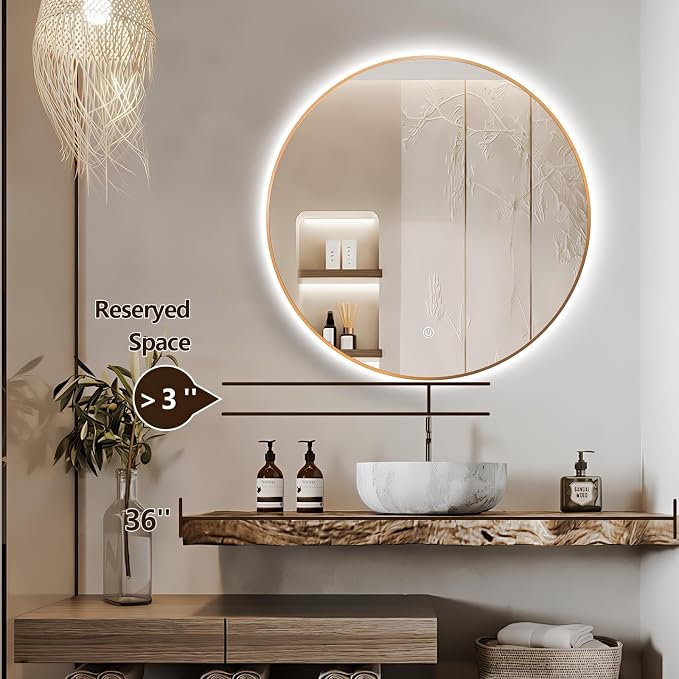 30" Round LED Bathroom Mirror, Wall Mounted Round Backlit Mirror LED Bathroom Vanity Mirror with Lights Fog Free Circle Lighted Mirror with Gold Frame, Smart Light up Mirror 3-Color