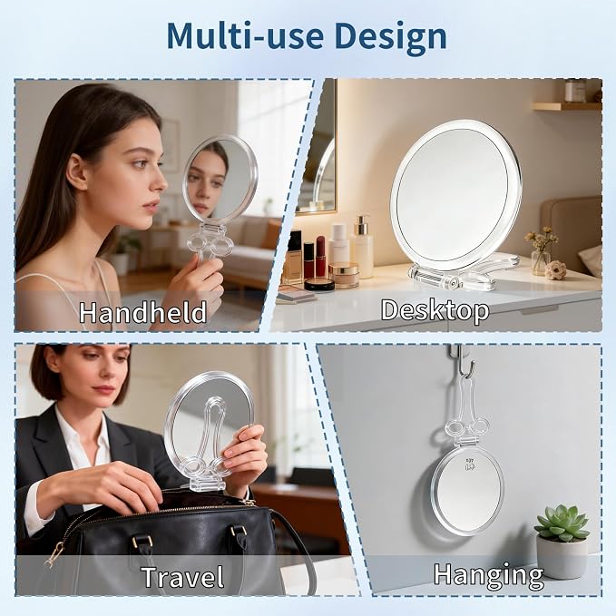 Magnifying Hand Mirrors with Handle - Double Sided Handheld Mirror with 1X 40X Magnification, Portable Travel Folding Hand Held Mirror, Pedestal Makeup Vanity Mirror