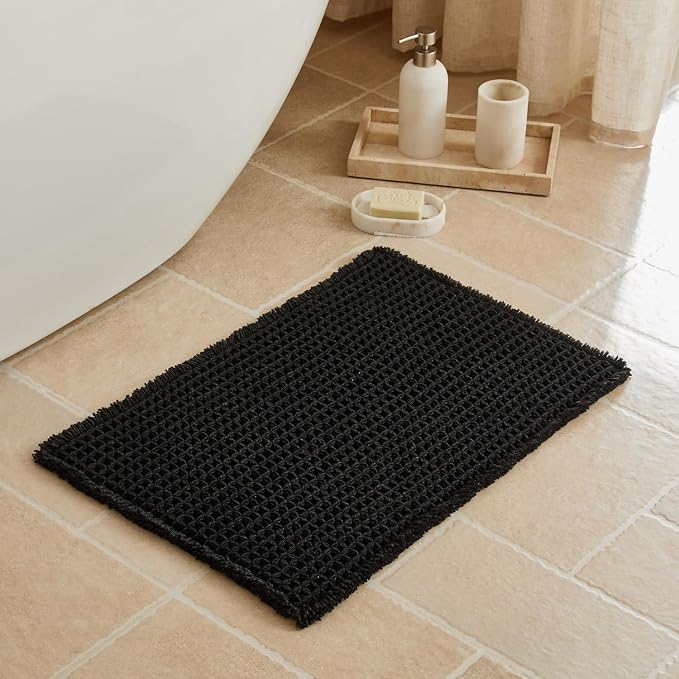 Triohero Waffle Bath Mat, Small Boho Bathroom Rugs Non Slip Washable, Ultra Soft Super Absorbent Quick Dry Farmhouse Bathroom Decor, 16" x 24", Black