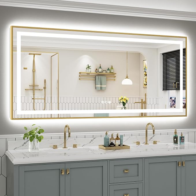 77x36 Inch LED Bathroom Mirror with Gold Frame, Backlit & Front Lit | Anti-fog, 3 Color Dimmable, Memory Function, HD Reflection Tempered Glass, ETL Listed, IP54 Waterproof