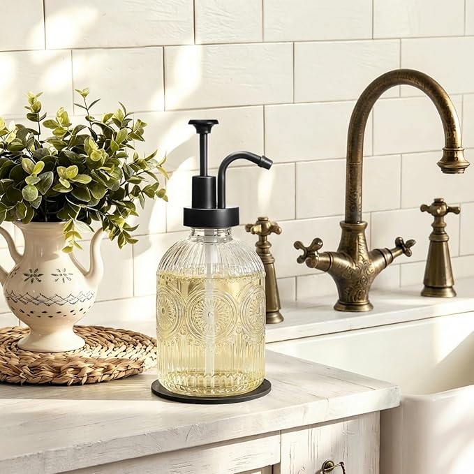 SheeChung 12oz Vintage Glass Soap Dispenser with Black Pump, Clear, 1 Pack | Refillable Dish and Hand Soap Dispenser for Bathroom Kitchen, Rustic Liquid Lotion Bottle,BPA-Free,Funnel,Mat,Farmhouse Decor