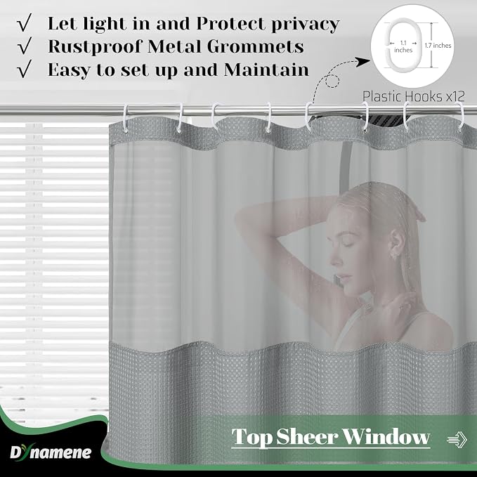 Extra Long Shower Curtain, 84 Inch Long Waffle Fabric Shower Curtain for Bathroom, Tall Waterproof Cloth Shower Curtain Liner Set with Hook, Snap in Liner, Mesh Top Window, Dark Grey, 72x84