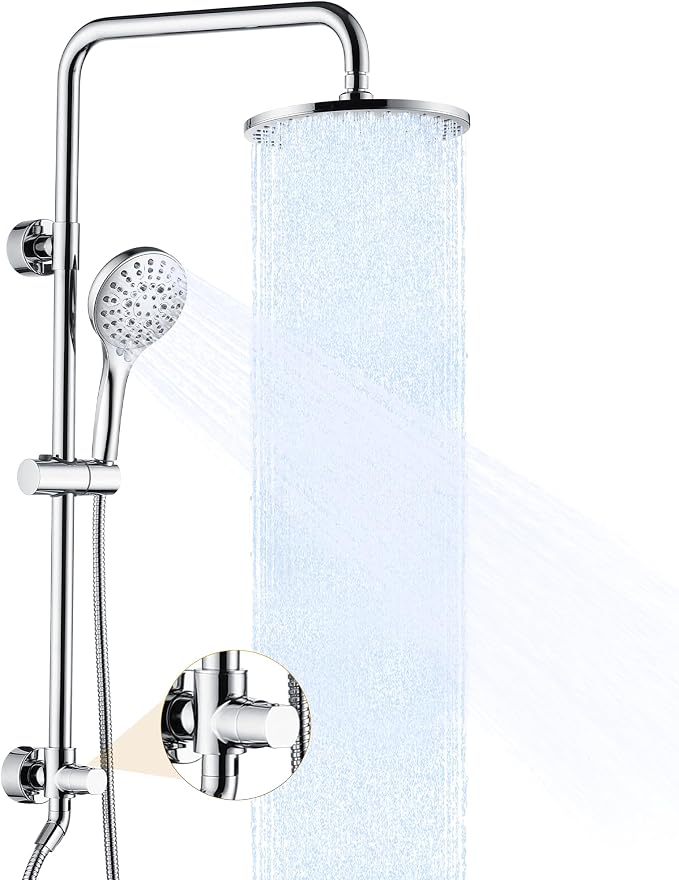 BRIGHT SHOWERS Rain Shower Heads System Including Rainfall Shower Head and Handheld Shower Head with Height Adjustable Holder, Solid Brass Rail, 60 Inch Long Stainless Steel Shower Hose, Chrome