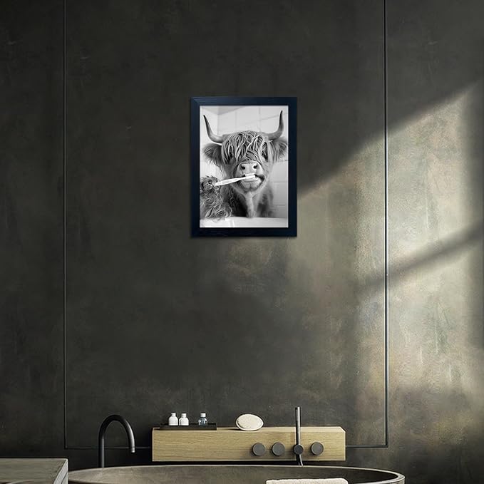 Highland Cow Wall Art, Funny Cow Bathroom Decor, Cow Pictures in Toilet Wall Decor, Black Framed Canvas Print, Black and White Animal Canvas Wall Art for Bathroom