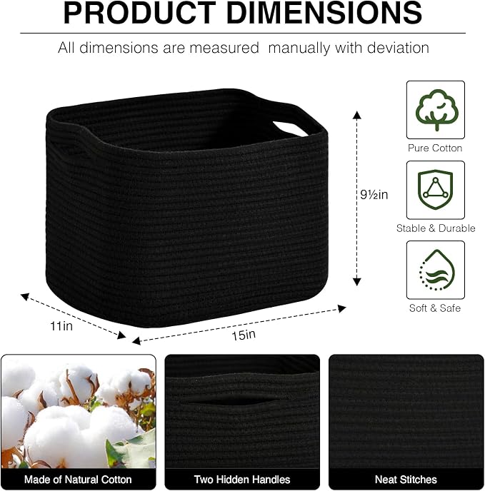 ICERZCZ Woven Cotton Rope Storage Basket for Organizing, Cute Decorative Baskets for Gifts Empty, Organizer Bins for Dog Toy, Baby Laundry, 15“×11”×9.5“, Black