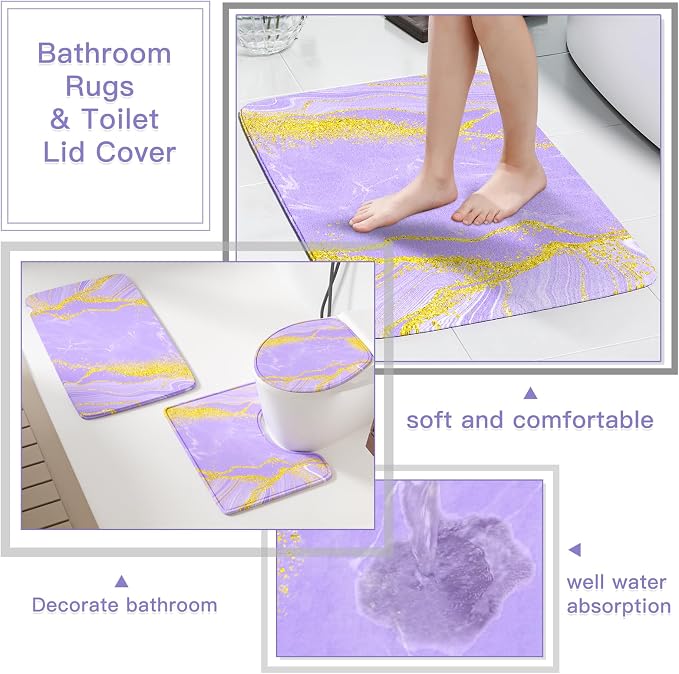 21PCS Bathroom Sets with Shower Curtain and Rugs Bathroom Accessories Set Light Purple Bathroom Set Complete with Trash Can, Toilet Brush, Qtip Holder & 3PCS Soap Dispenser