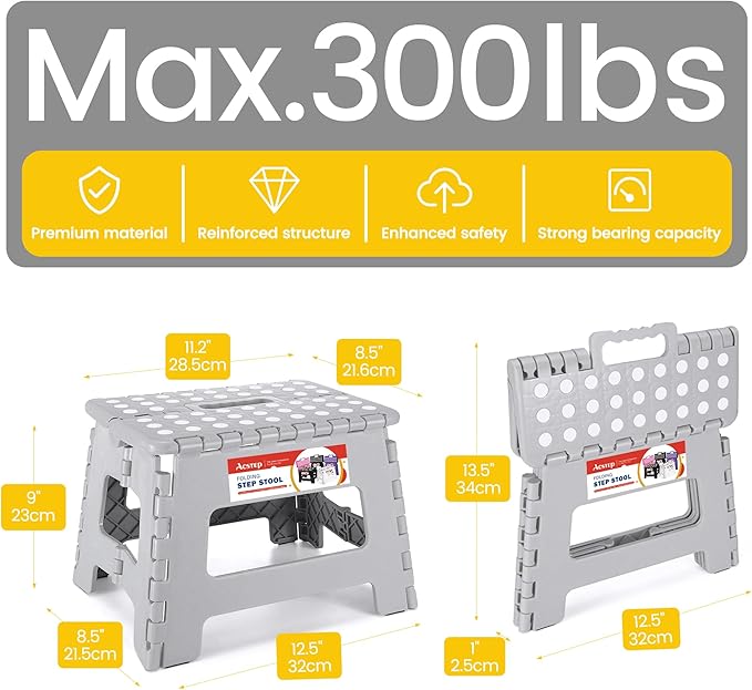 Folding Step Stool 9 Inch, Non-Slip Foldable Stools for Kids, Gray | Heavy Duty Collapsible Foot Stool, Lightweight, Holds 300lb for Toddler/Adults Kitchen Bathroom Bedroom Outdoor, with Handle