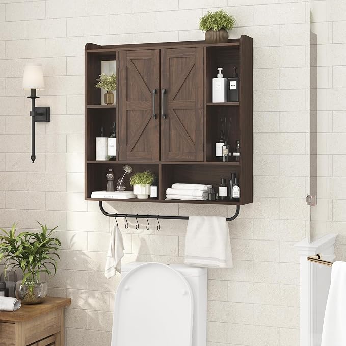 RUSTOWN Rustic Bathroom Wall Storage Cabinet with 2 Barn Doors, Dark Walnut | Farmhouse Medicine Cabinet, Wall Mounted, Space Saving, 3-Tier Adjustable Shelves, Towel Bar, 5 Hooks