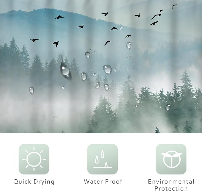 Green Mountain Shower Curtain Rustic Rainforest Nature Mens Shower curtain | Woodland Tree Waterproof Fabric Shower Curtain Bathroom Decor 12 Pack Hooks 72Wx72H Inch