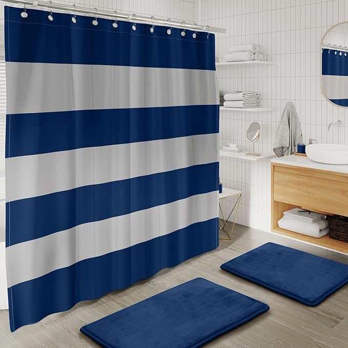 Clara Clark Bathroom Accessories Set - 28PC Bathroom Set with Adhesive Corner Shower Caddy Hanging, Bathroom Sets with Shower Curtain and Rugs, Navy Shower Curtain Set with Bathroom Trash Can