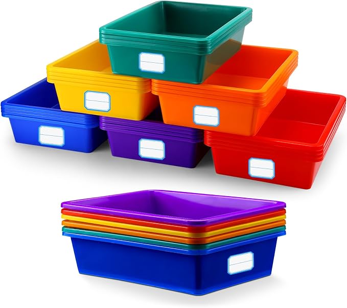 24 Pack Classroom Cubby Storage Bins Plastic Stackable Storage Bins with Labels Cubby Organizer Containers for Classroom School Toy Book Organization(14 x 10 x 3 Inch,Colorful)