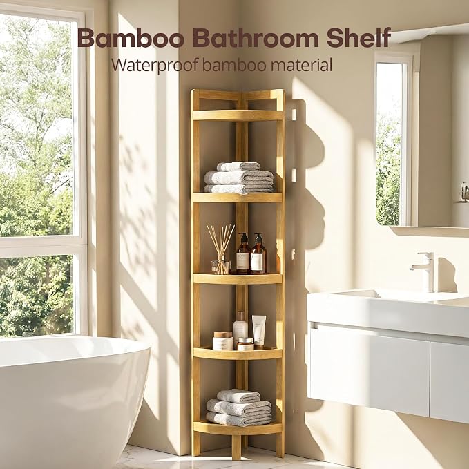2026 New Bamboo Standing Shelf, 5 Tier Corner Shelf Stand, Free-Standing Shelf Units, Triangular Curved Corner Shelf Stand for Space-Saaving Display Ideal for Bathroom/Kitchen/Living Room Storage